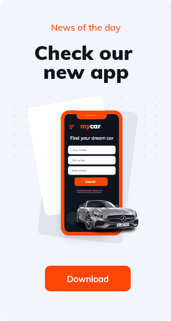 Smartphone zeigt die MyCar-App mit Anmeldeformular und Peugeot-Fahrzeug, Download-Button darunter.