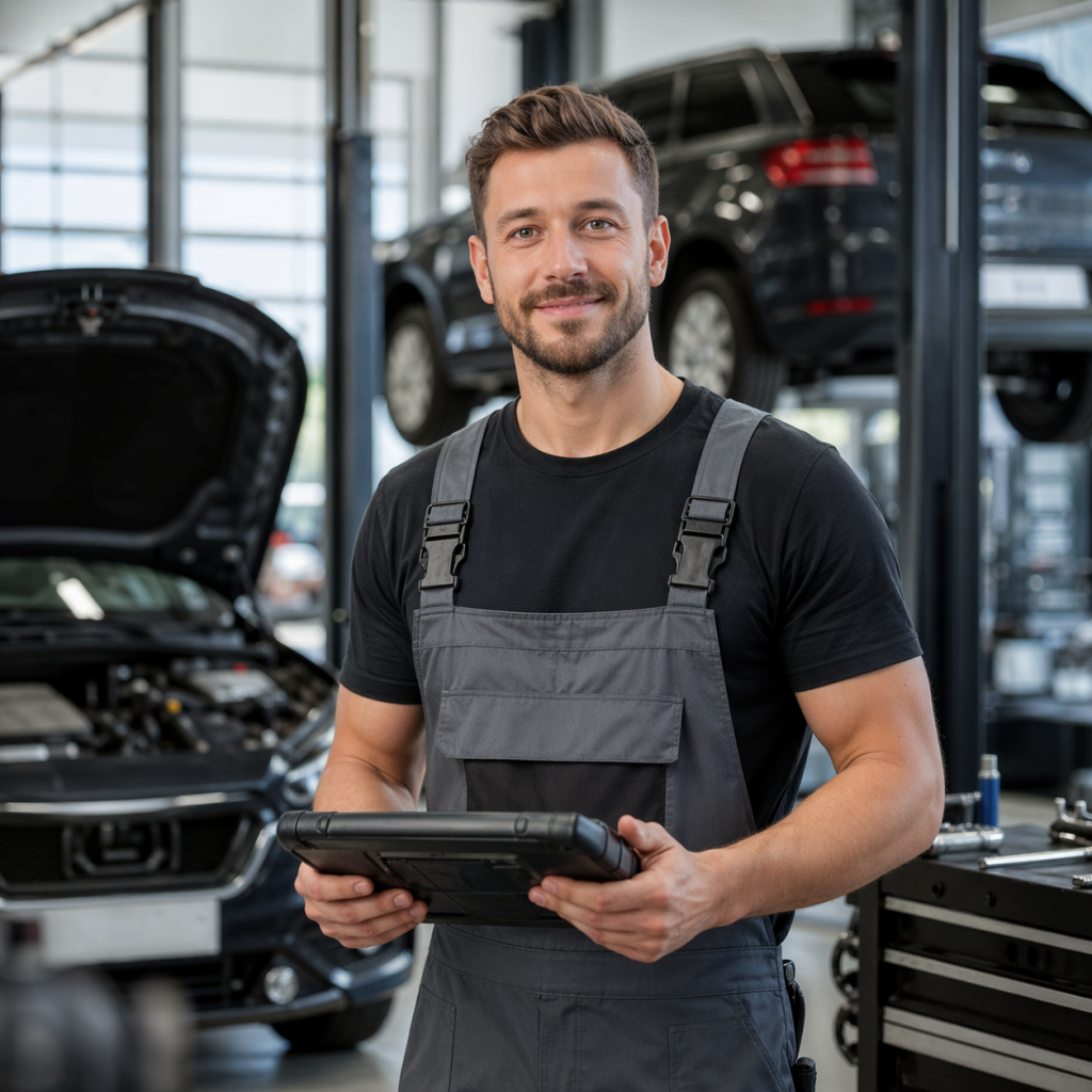 Automechaniker in Werkstatt hält digitales Diagnose-Gerät und steht neben geöffnetem Peugeot.