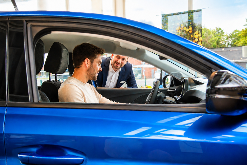 Ein Verkäufer berät einen Kunden im Innenraum eines blauen Peugeot-Fahrzeugs.