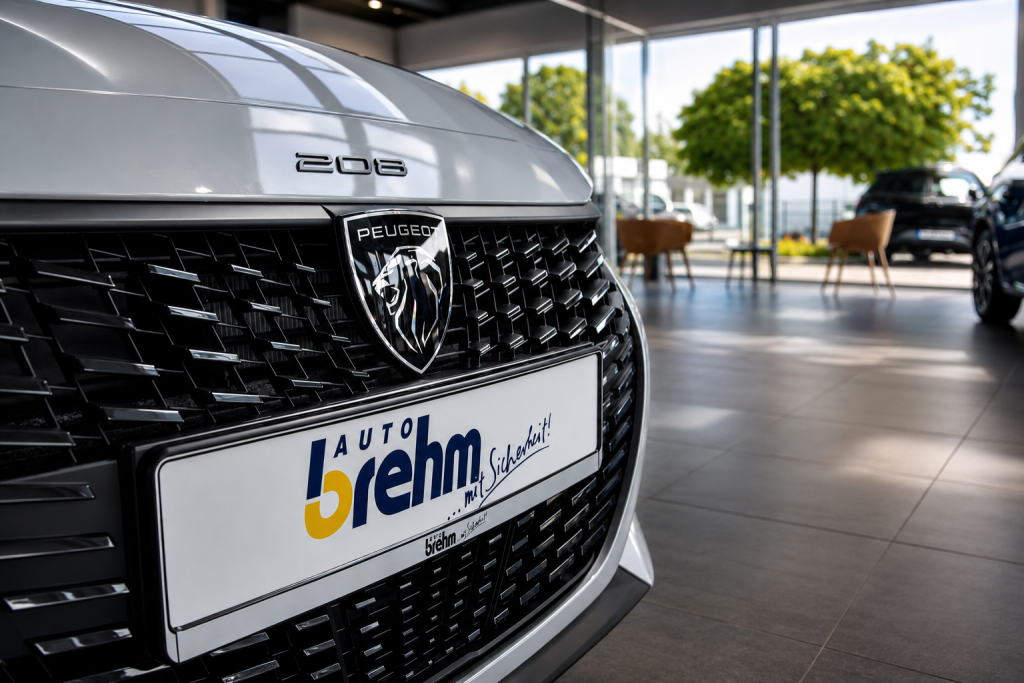 Peugeot 2008 mit Auto Brehm Händlerschild in einer modernen Autowerkstatt.