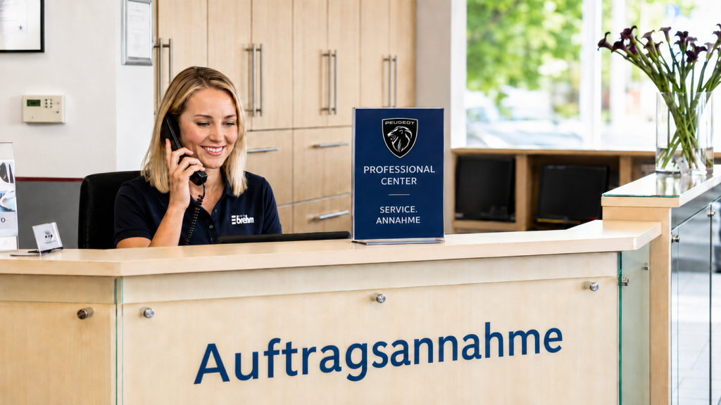 Mitarbeiterin an der Auftragsannahme eines Peugeot Professional Centers telefoniert mit Kunden.