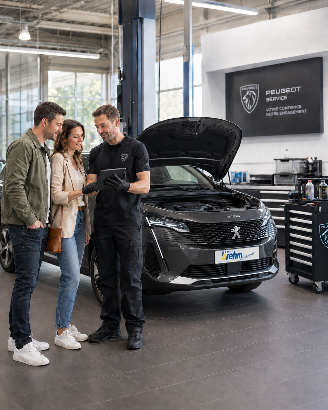 Servicetechniker zeigt Ehepaar in der Peugeot-Werkstatt Inspektionsergebnisse eines schwarzen Peugeot 3008 auf Tablet.