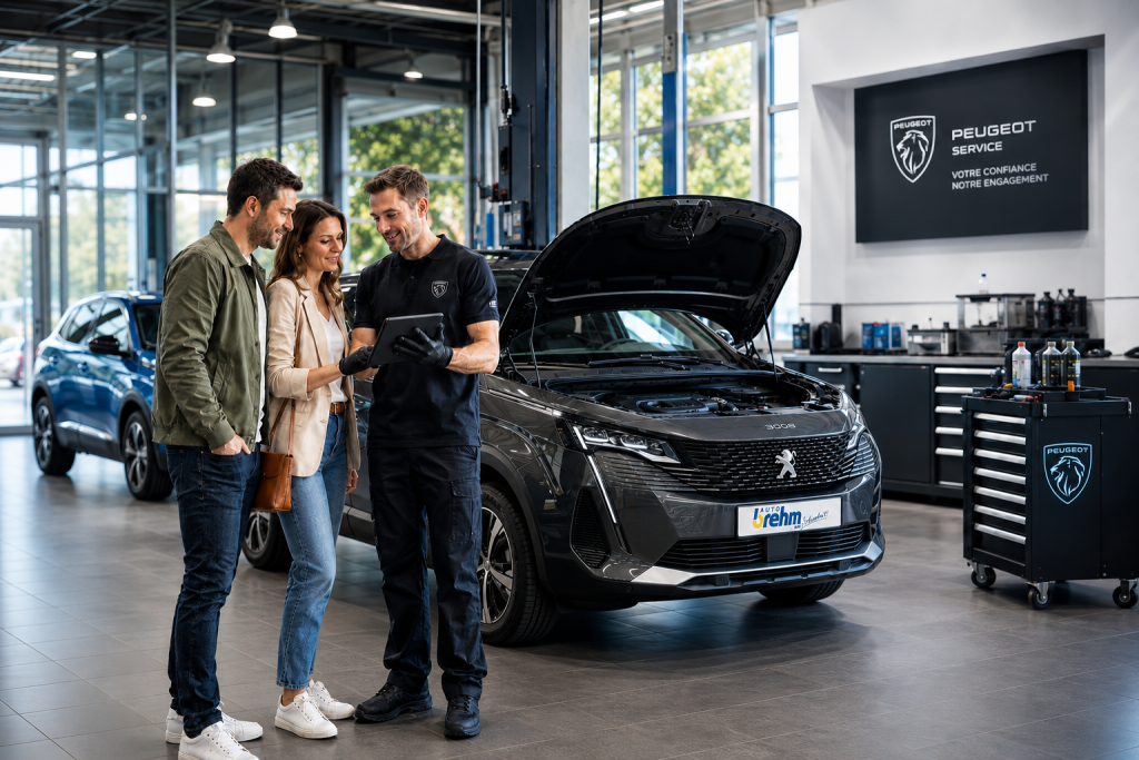 Peugeot-Servicetechniker erklärt einem Ehepaar die offene Motorhaube eines schwarzen Peugeot 3008 in der Werkstatt.
